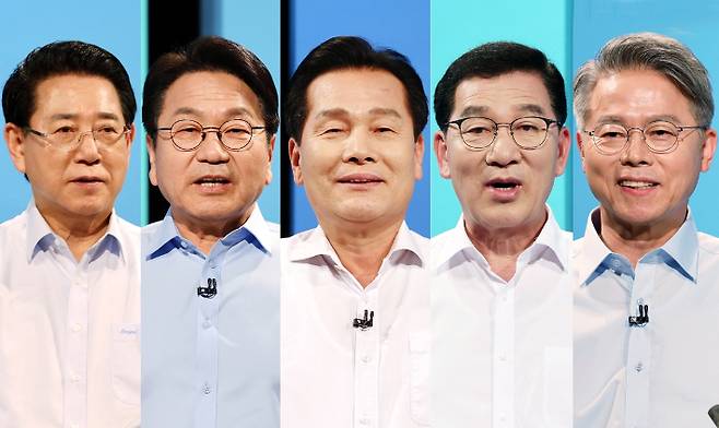 (왼쪽부터 기호순으로)김영록, 강기정, 주철현, 신정훈, 민형배 민주당 전남광주통합특별시장 경선 후보. 연합뉴스
