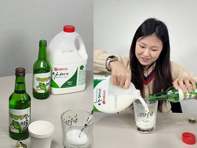 소셜미디어서비스(SNS)를 중심으로 ‘두쫀쿠향에이슬’을&nbsp;활용한 다양한 ‘믹스 음용법’이 소개돼 호기심을 자극하고 있다. 한재경PD가 소주와 우유를 섞은 칵테일 레시피를 소개하고 있다.&nbsp;