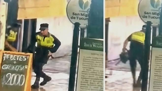 새벽시간 길거리 순찰 당직을 서던 경찰들이 길에서 축구를 하고 있다. 영상 캡처