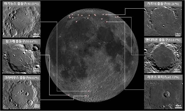 우주항공청이 2032년 예정된 달 착륙선의 착륙 후보지 30곳을 공개했다. 사진은 위도 40~70도 범위 내 달 착륙지 후보 지역 예시. 사진제공=우주항공청