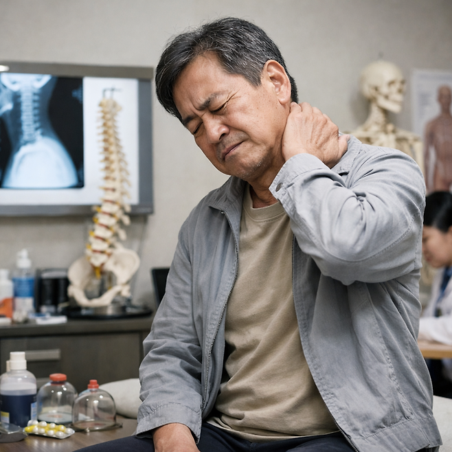 교통사고 이후 목 통증을 호소하는 환자의 모습. 오는 4월부터 교통사고 경상 환자가 8주를 넘겨 치료를 받을 경우 보험금 지급을 위해 별도의 심의를 거쳐야 하는 자동차보험 8주 룰이 시행된다.<챗GPT 생성>