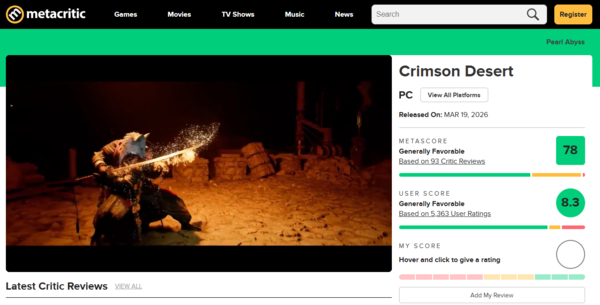 붉은사막의 메타크리틱 평가. / 메타크리틱 홈페이지 화면 캡처