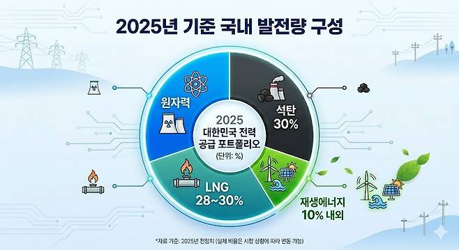 2025년 기준 국내 발전량 구성은 원자력 30%, LNG 28~30%, 석탄 30%, 재생에너지 10% 내외로 집계된다. (AI 생성 이미지)/뉴스펭귄