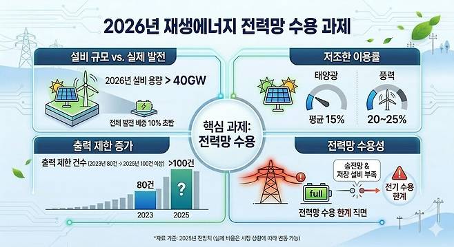 재생에너지는 설비 규모에 비해 실제 발전 기여도가 낮다. 2026년 기준 설비 용량은 40GW를 넘었지만, 전체 발전 비중은 10% 초반에 머물고 있다.&nbsp;(AI 생성 이미지)/뉴스펭귄