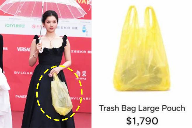 중국 배우 장징이(왼쪽)의 비닐봉투 레드카펫 사진, 소셜미디어에서 공유된 사진. 사진 출처=바이두 검색 결과 갈무리·소셜미디어