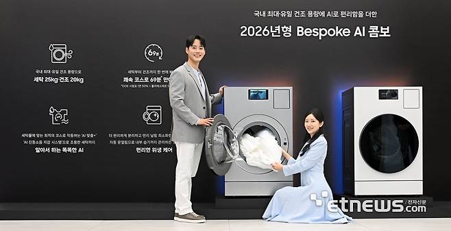 삼성전자가 하드웨어 혁신과 진화한 AI기능을 집약해 한층 더 강력해진 2026년형 '비스포크 AI 콤보'를 출시했다. 26년형 비스포크 AI 콤보는 세탁용량 25kg, 건조용량 20kg 으로 일체형 세탁건조기 중 국내 최대 용량을 갖췄으며, '하이브리트 히트펌프' 건조방식에서 한 단계 진화한 '프리히트' 방식으로 최대 69분 만에 세탁과 건조를 모두 마칠 수 있다. 26일 서울 서초구 삼성강남에서 열린 비스포크 AI콤보·신혼가전 미디어데이에서 모델이 신제품을 소개하고 있다.  이동근기자 foto@etnews.com