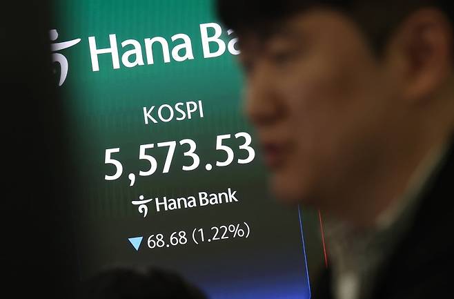 26일 서울 중구 하나은행 딜링룸 전광판에 코스피 시황이 표시되고 있다. 이날 코스피는 전 거래일 대비 0.85% 하락한 5594.06으로 출발했으나 오후 3시 이후 5500선 밑으로 내렸다. 사진=뉴스1