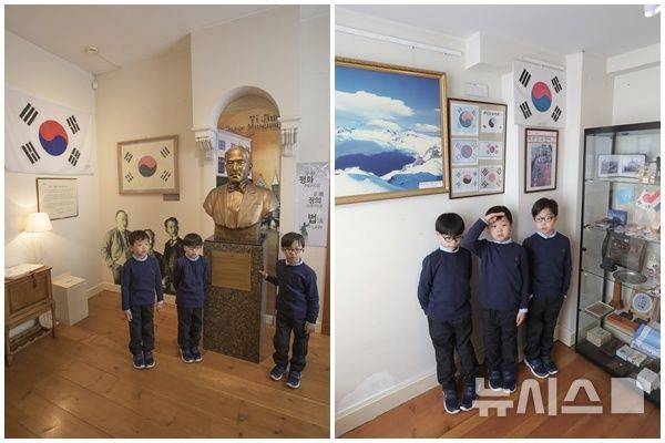 [서울=뉴시스]배우 송일국이 2018년 가족과 함께 방문한 네덜란드 헤이그 '이준 열사 기념관'에서 찍은 세 아들 대한·민국·만세의 기념 사진. (사진=송일국 제공)