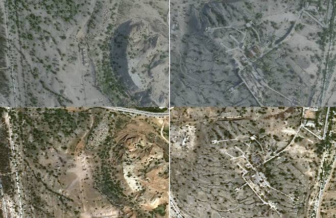 로이터가 공개한 하르그섬 타격 전후 위성사진. 왼쪽과 오른쪽 모두 위쪽은 지난 2월 25일 촬영한 타격 전 모습이고, 아래쪽은 3월 14일 미국 공습 이후 포착된 피해 흔적이다. 로이터 연합뉴스