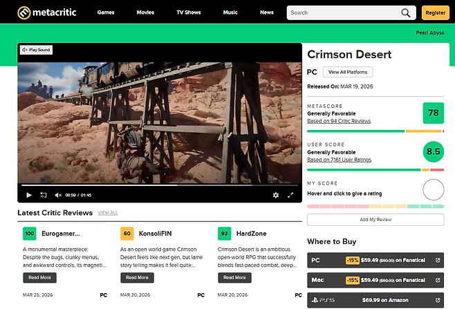 '붉은사막' 이용자 평점은 론칭일부터 꾸준히 우상향하고 있다(출처=메타크리틱 홈페이지).