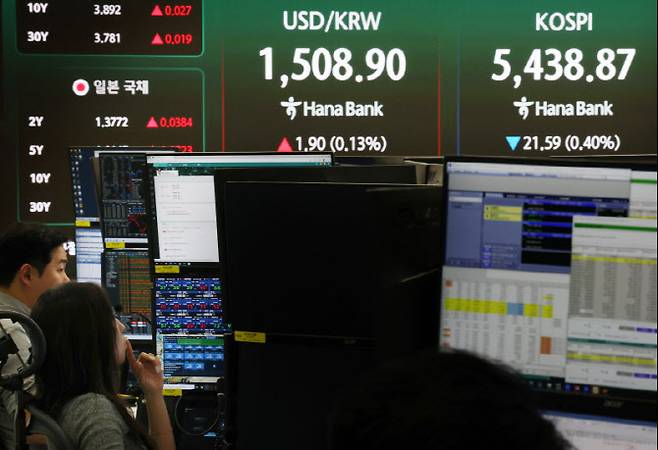 27일 서울 중구 하나은행 본점 딜링룸 전광판에 코스피 종가와 원달러 환율이 표시돼 있다. (사진= 연합뉴스)