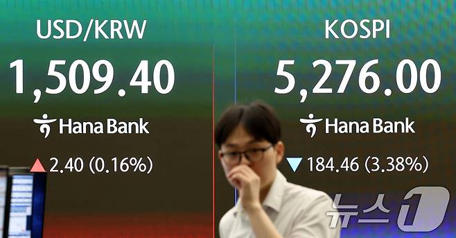 미국·이란의 휴전 기대감이 낮아지며 코스피가 하락 출발한 27일 오전 서울 중구 하나은행 딜링룸 전광판에 증시 시황이 표시되고 있다. 2026.3.27 ⓒ 뉴스1 최지환 기자