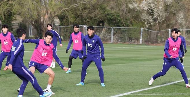 한국 축구 국가대표팀의 주장 손흥민을 비롯한 선수들이 코트디부아르전을 앞두고 25일(현지시간) 영국 런던 북서쪽 밀턴킨스 MK돈스 훈련장에서 팀훈련을 하고 있다. 연합뉴스