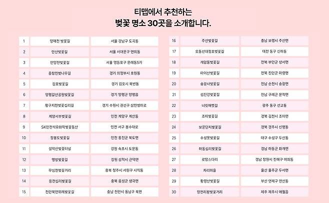 티맵모빌리티는 벚꽃 개화 시기를 맞아 전국 벚꽃 명소 30곳을 26일 공개했다. [사진=티맵모빌리티]