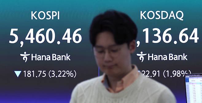3월 26일 오후 서울 중구 하나은행 딜링룸 전광판에 증시 종가가 표시돼 있다. 이날 코스피는 전 거래일 대비 181.75포인트(3.22%) 내린 5460.46으로 마감했다. 코스닥도 22.91포인트(1.98%) 내린 1136.64로 장을 마쳤다. 뉴스1
