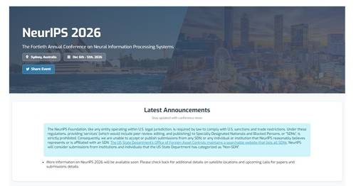신경정보처리시스템 학회(NeurIPS)의 '특별제재대상'(SDN) 논문 거부 공지 [뉴립스 홈페이지 캡처]