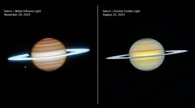 제임스 웹 우주 망원경과 허블 우주 망원경으로 촬영한 토성의 모습 (이미지= NASA, ESA, CSA, STScI, Amy Simon (NASA-GSFC), Michael Wong (UC Berkeley))