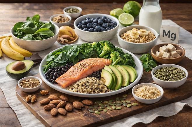 마그네슘이 풍부한 음식을 키워드로 생성 AI가 만든 이미지. 바나나와 브로콜리, 연어, 블루베리, 우유 등에 많이 함유되어 있다. [챗GPT]