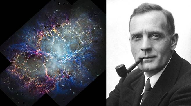 허블우주망원경이 2024년 관측한 게 성운, 오른쪽은 에드윈 허블. NASA, ESA, STScI, W. 블레어(JHU), J. 드 파스콸레(STScI), wikimediacommons