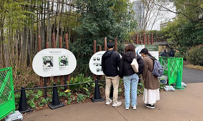 일본 도쿄 우에노동물원 입장객들이 지난 20일 판다 사육장 앞 전시물을 살펴보고 있다. 우에노동물원을 비롯한 일본에는 현재 판다가 한 마리도 없는 상태다.