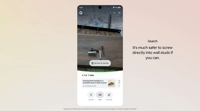 서치 라이브 활용 예시. 이용자가 카메라로 선반과 나사를 보여주며 “이 나사들로 선반을 걸 수 있냐”고 물어보자 서치 라이브가 답변을 제공하고 있다. 사진 제공=구글