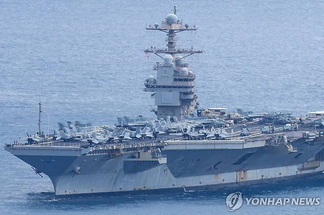 포드 항공모함 지난 23일(현지시간) 그리스 크레타섬에 도착한 미 해군 제럴드 R. 포드 항공모함. [AFP 연합뉴스. 재판매 및 DB 금지]