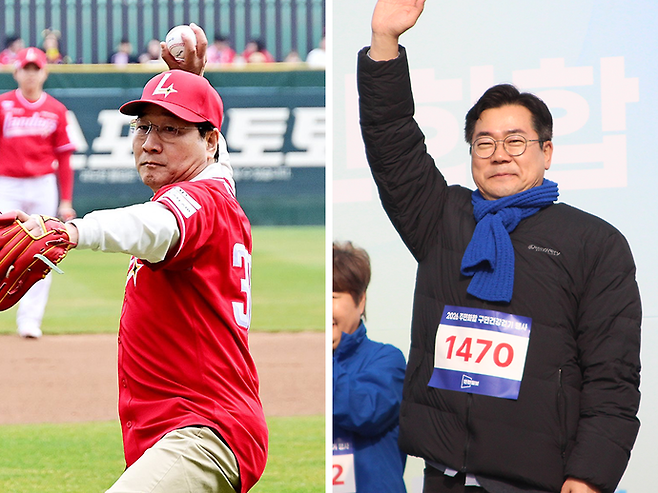 29일 미추홀구 랜더스필드에서 열린 SSG 홈경기 시구에 나선&nbsp;유정복 인천시장(왼쪽), 지난&nbsp;28일 동구 동인천 북광장에서 열린 '2026 주민화합 구민건강걷기' 행사에 참석한 박찬대 더불어민주당 국회의원. 사진=유정복 시장 페이스북·박찬대 캠프