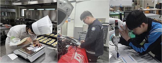 왼쪽부터 명인고 제과직종 서정민 양, 신라공업고 자동차정비직종 권동윤 군, 금오공업고 산업용로봇직종 최서진 군이 기능경기대회에 출전하기 위해 훈련하고 있다. <경북교육청 제공>