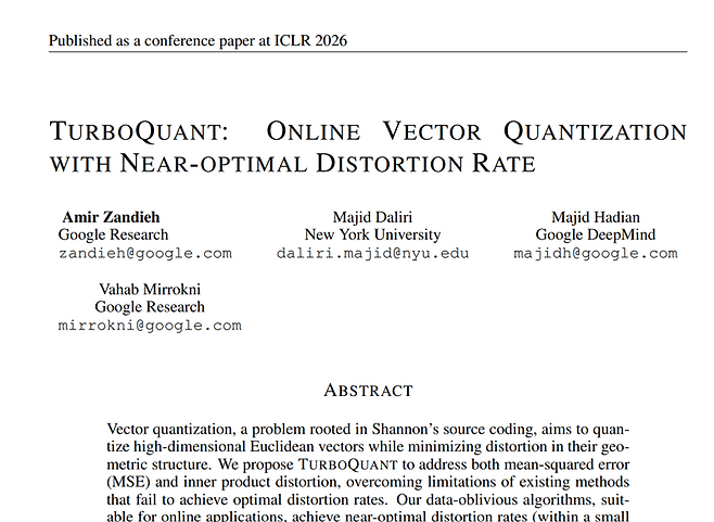 구글 리서지가 발표한 터보퀀트 논문 첫 페이지. 4명의 저자 중에는 딥마인드 출신도 포함돼 있다. 사실상 구글은 제미나이 LLM과 딥마인드의 AI 서비스 등 곳곳에 터보퀀트 기술을 바로 적용해 실증에 들어갈 가능성이 높다.