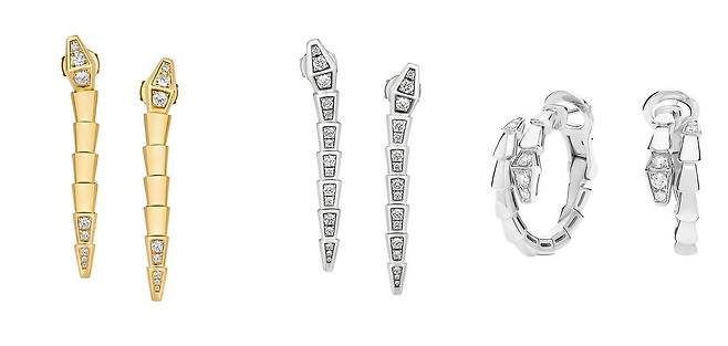 왼쪽부터 세르펜티 바이퍼 이어링 옐로 골드 버전과 화이트 골드 버전, 후프 형태의 세르펜티 바이퍼 이어링. 롱 드롭 실루엣의 세르펜티 바이퍼 이어링은 움직일 때마다 삼각 모티브가 유연하게 흔들린다. 사진 불가리