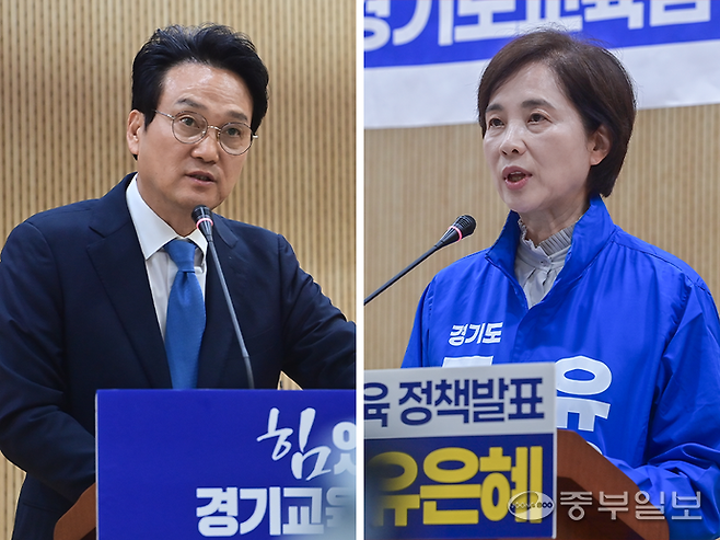 안민석 경기도교육감 예비후보(왼쪽)와 유은혜 경기도교육감이&nbsp;30일 오후 수원시 영통구 경기도의회 브리핑룸에서&nbsp;정책 공약 발표 기자회견을 하고 있다. 임채운기자