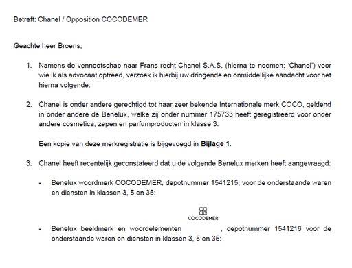 코코드메르의 네덜란드 유통회사가 샤넬의 법적 대리인으로부터 받은 문서의 일부.