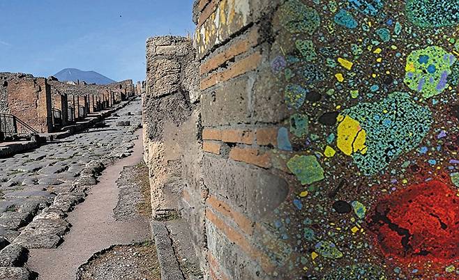 2023년 이탈리아 폼페이 유적지에서 발굴된 콘크리트 벽. 오른쪽은 구성 성분을 분석한 사진이다. 이 콘크리트에 있는 미세 석회질 덩어리는 균열을 ‘자가 치유’하는 능력이 있다. /폼페이 유적공원, MIT