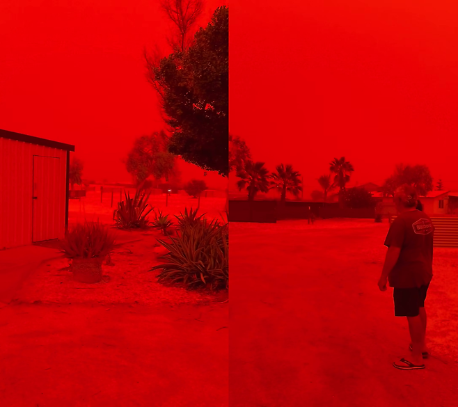 서호주 하늘이 사이클론 ‘나렐’의 영향으로 짙은 붉은색으로 변했다. 수억 년간 산화된 토양 입자가 상공으로 유입돼 태양광을 산란시키며 SF 영화 같은 풍경을 연출한 것으로 분석된다. 페이스북 갈무리