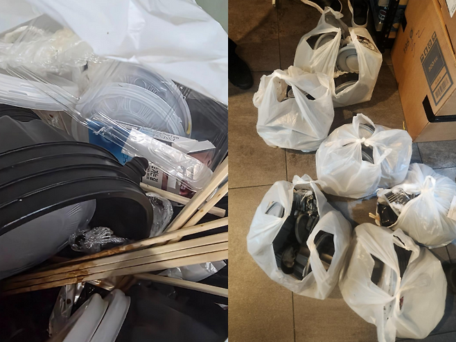 환불 처리를 위해 회수한 음식물 봉투의 내부 모습(왼쪽). 정작 환불의 대상이 되어야 할 음식은 온데간데없이 전량 소비된 상태였으며, 배달 용기와 나무젓가락 등 오물 섞인 쓰레기들만 가득 담겨 있었다. /사진=보배드림