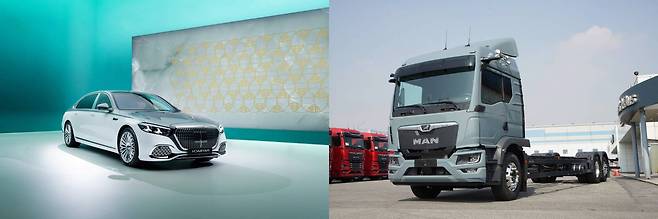 벤츠 ‘마이바흐 S-클래스’(왼쪽)와 만트럭 ‘뉴 MAN TGM 6x2-4’ / 출처=각사