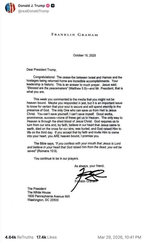 29일(현지 시간) 도널드 트럼프 미국 대통령이 친트럼프 성향 목사의 편지를 소셜미디어 트루스 소셜에 올렸다. /사진=트럼프 대통령 트루스 소셜 캡처