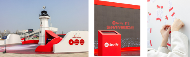 (왼쪽부터)서울 여의도 한강 공원에 마련된 스포티파이 라이트하우스 팝업, 방탄소년단과 스포티파이에 전하는 메시지를 대형 메시지 월에 남기는 모습