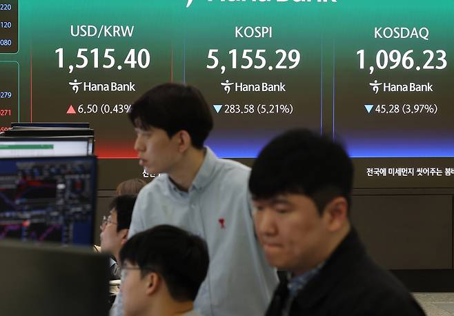 30일 오전 서울 중구 하나은행 본점 딜링룸 전광판에 코스피와 환율이 표시돼 있다. 이날 코스피는 장초반 5%대 급락해 출발, 원/달러 환율은 4.5원 오른 1513.4원에 개장했다 . [연합]
