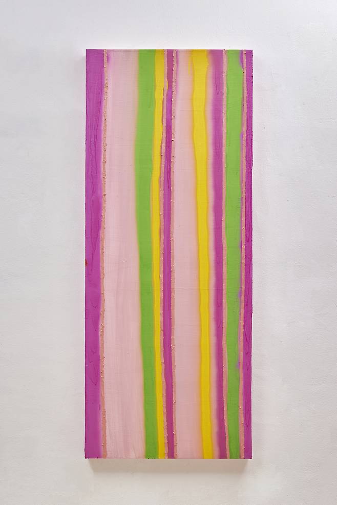 김한나, 즙 Juice, 우드 판넬에 유채와 스프레이, 162.2x66.3 cm, 2026