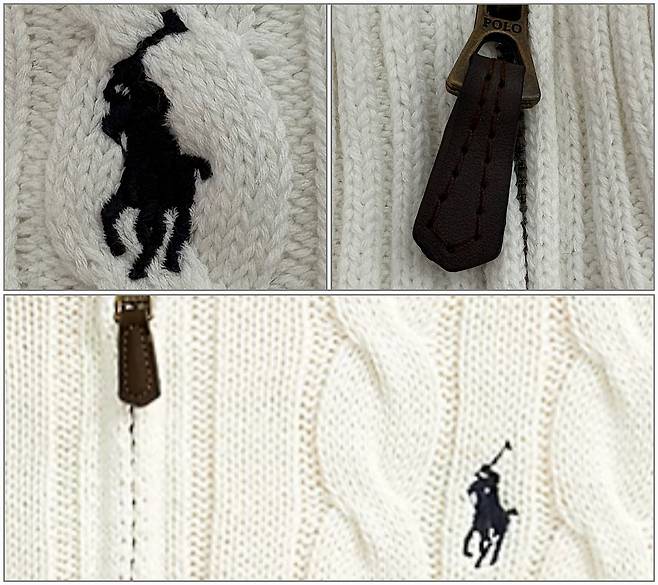 한 인플루언서가 진행한 공동구매를 통해 구매한 폴로 랄프로렌 스웨터의 로고·지퍼(위쪽)와 공식 사이트에서 판매되는 같은 제품 상세 이미지.  [폴로 랄프로렌 사이트 캡처]