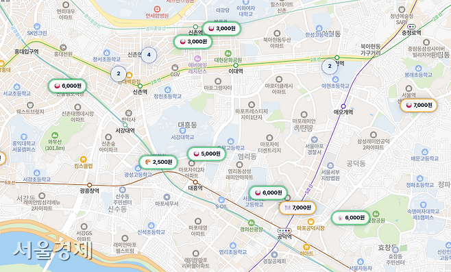 신촌·홍대 대학가의 ‘극가성비’ 식당들이 등록되어 있다. 거지맵 캡처