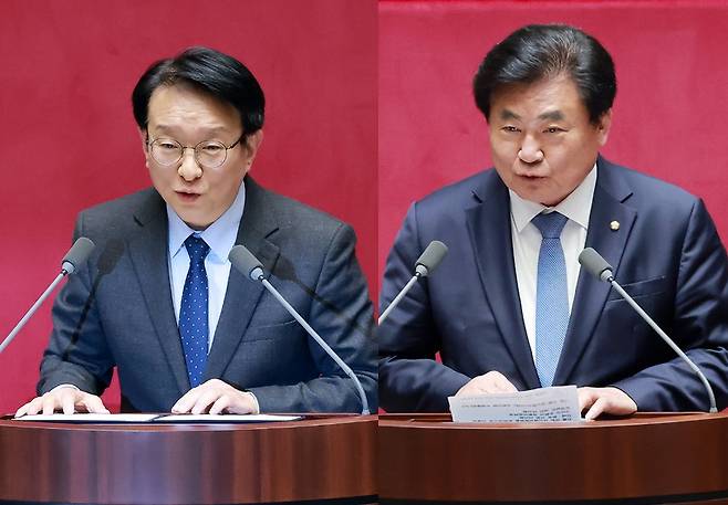 31일 국회 본회의에서 더불어민주당 권칠승·소병훈 의원이 당선 인사하고 있다. / 연합뉴스