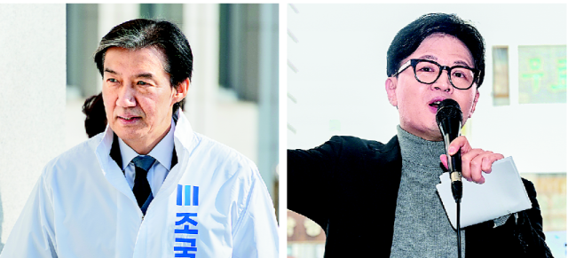 조국혁신당 조국 대표가 지난달 23일 국회 앞 정치개혁 천막 농성장에서 열린 최고위원회의에 입장하고 있다(왼쪽). 국민의힘 한동훈 전 대표가 같은 달 22일 서울 경동시장을 방문해 발언하고 있다. 연합뉴스