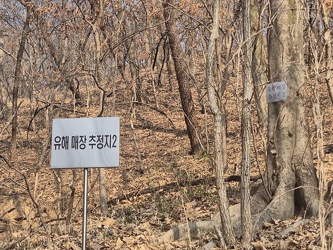 지난달 17일 경북 김천시 구성면 송죽리 돌고개에 ‘유해 매장 추정지2’라고 쓰인 알림판이 꽂혀 있다. 한국전쟁 때 학살된 김천형무소 재소자들 유해가 묻혀 있을 것으로 추정되지만 아직 발굴을 못 했다는 표시다. 서보미 기자