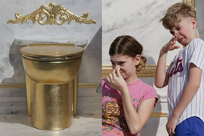 미국 워싱턴디시(D.C.) 내셔널 몰에 설치된 도널드 트럼프 대통령을 풍자하는 ‘황금 변기’ 조형물. 로이터 연합뉴스