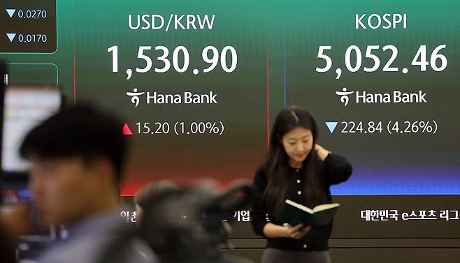 31일 오후 서울 중구 하나은행 본점 딜링룸에 원달러 환율과 코스피 종가가 표시돼있다. 강정현 기자