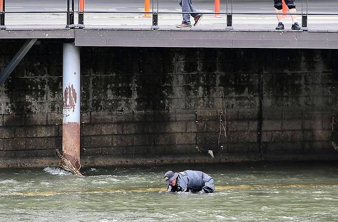 31일 오전 10시 30분쯤 "신천에 수상한 캐리어가 있다"는 신고를 접수한 경찰이 대구 북구 칠성동 잠수교 주변을 수색하고 있다. 경찰은 캐리어 안에서 여성 시신을 발견해 수사에 나섰다. 뉴스1