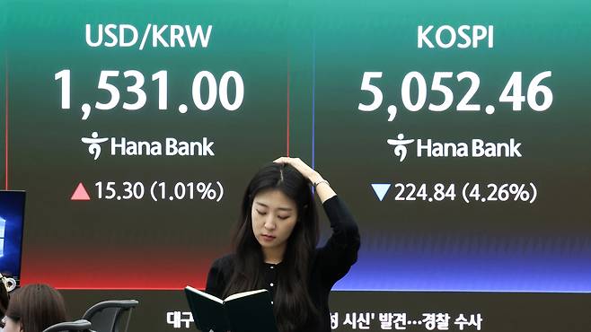 Electronic display boards show Korea's financial market at Hana Bank's trading room in central Seoul on March 31. The Kospi retreated 4.26 percent to 5,052.46 while tech-heavy Kosdaq slipped 4.94 percent to 1,052.39. [NEWS1]