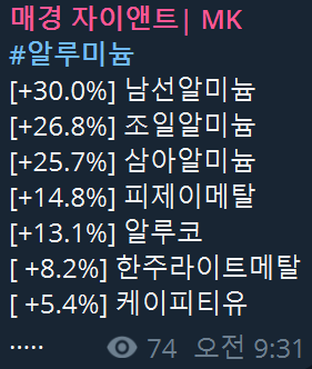 31일 오전 알루미늄 섹터 현황[사진=매경 자이앤트 텔레그램]